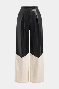 Faux Leather Linen High Waist Patchwork Trousers