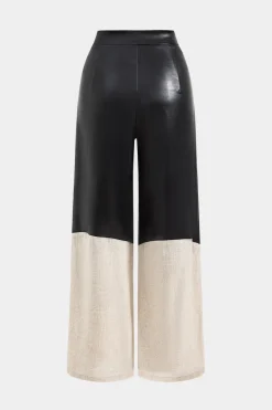 Faux Leather Linen High Waist Patchwork Trousers