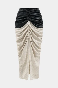 Faux Leather Linen Patchwork Ruched Skirt