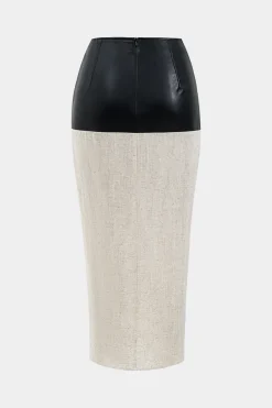 Faux Leather Linen Patchwork Ruched Skirt