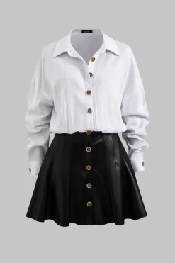 Faux Leather Linen Patchwork Button Long Sleeve Mini Dress