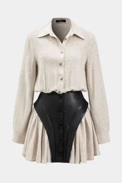 Faux Leather Linen Tie Front Button Patchwork Long Sleeve Mini Dress