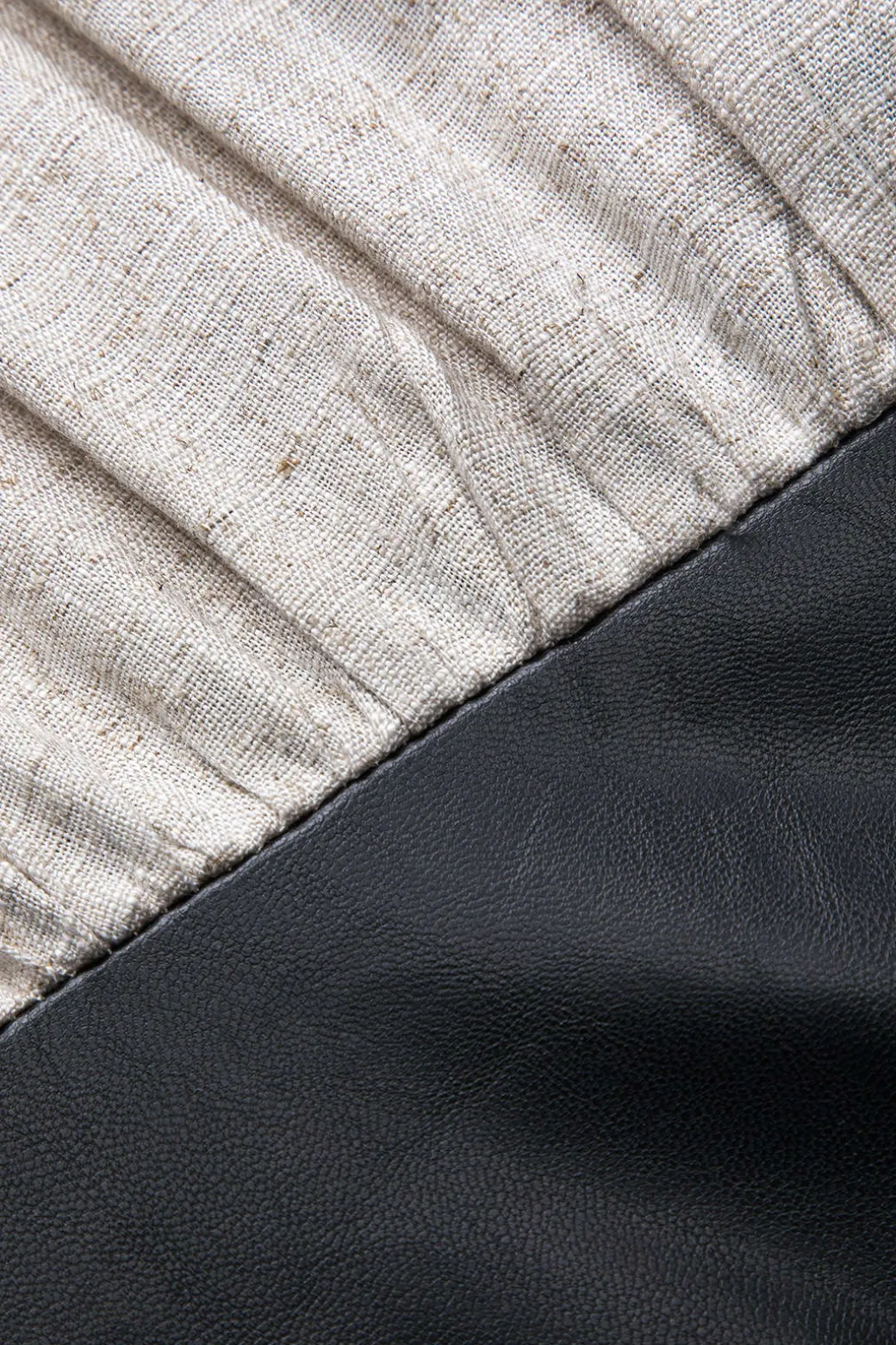 Faux Leather Linen Tie Front Button Patchwork Long Sleeve Mini Dress