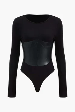 Faux Leather Long Sleeve Patchwork Bodysuit