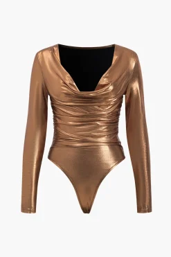 Faux Leather Long Sleeve Cowl Neck Bodysuit