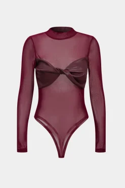 Faux Leather Mesh Patchwork Twist Knot Long Sleeve Bodysuit