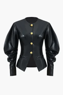 Faux Leather Metallic Button Jacket
