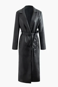 Faux Leather Notched Lapel Belted Trench Coat