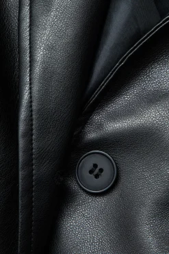 Faux Leather Notched Lapel Belted Trench Coat