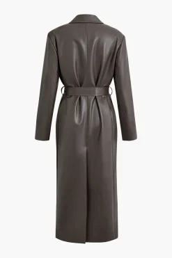 Faux Leather Notched Lapel Belted Trench Coat