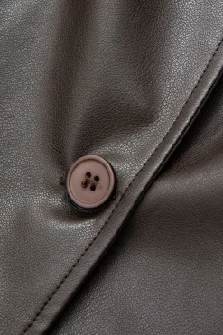 Faux Leather Notched Lapel Belted Trench Coat