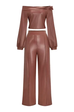 Faux Leather Off Shoulder Top And Wide Leg Trousers Set