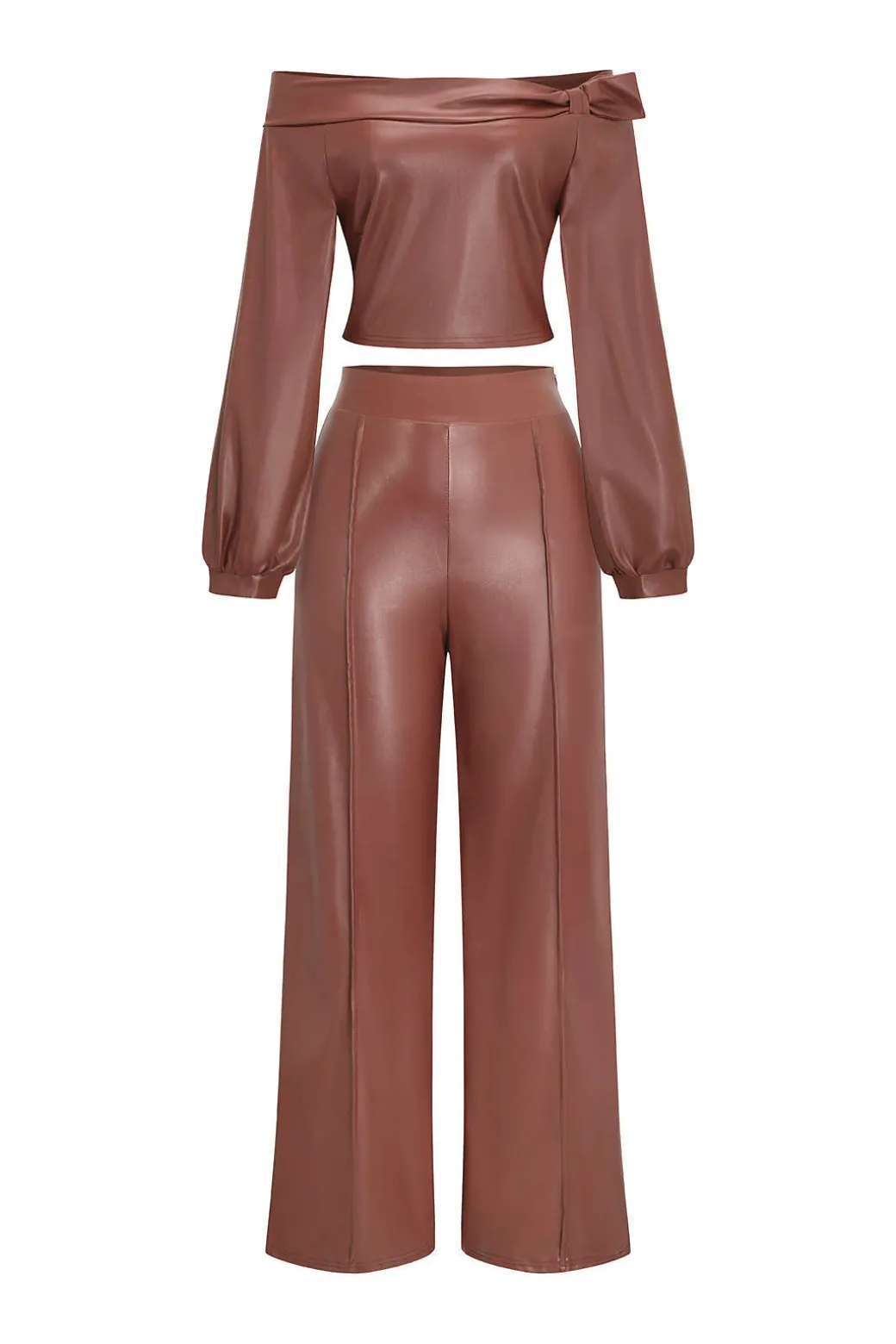 Faux Leather Off Shoulder Top And Wide Leg Trousers Set