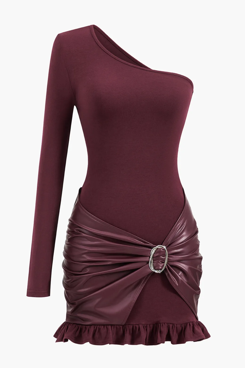 Faux Leather Patchwork Asymmetrical Long Sleeve Mini Dress