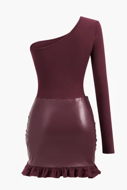 Faux Leather Patchwork Asymmetrical Long Sleeve Mini Dress
