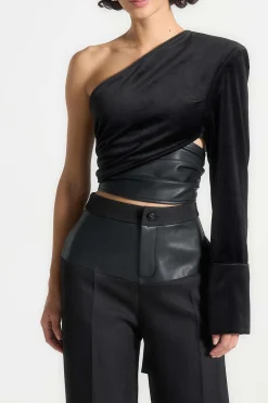 Faux Leather Patchwork Asymmetrical Long-Sleeve Top