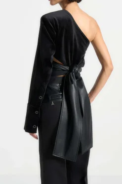 Faux Leather Patchwork Asymmetrical Long-Sleeve Top