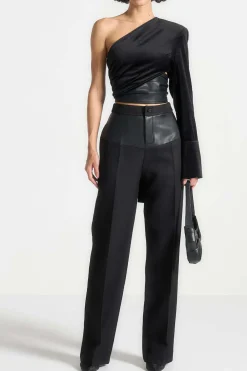 Faux Leather Patchwork Asymmetrical Long-Sleeve Top