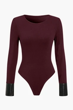 Faux Leather Patchwork Button Bodysuit
