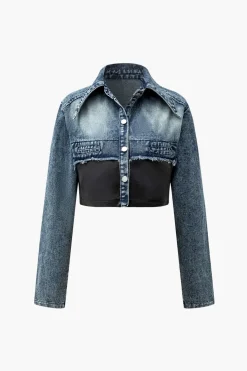 Faux Leather Patchwork Frayed Denim Outerwear