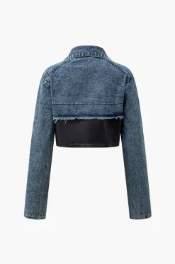 Faux Leather Patchwork Frayed Denim Outerwear
