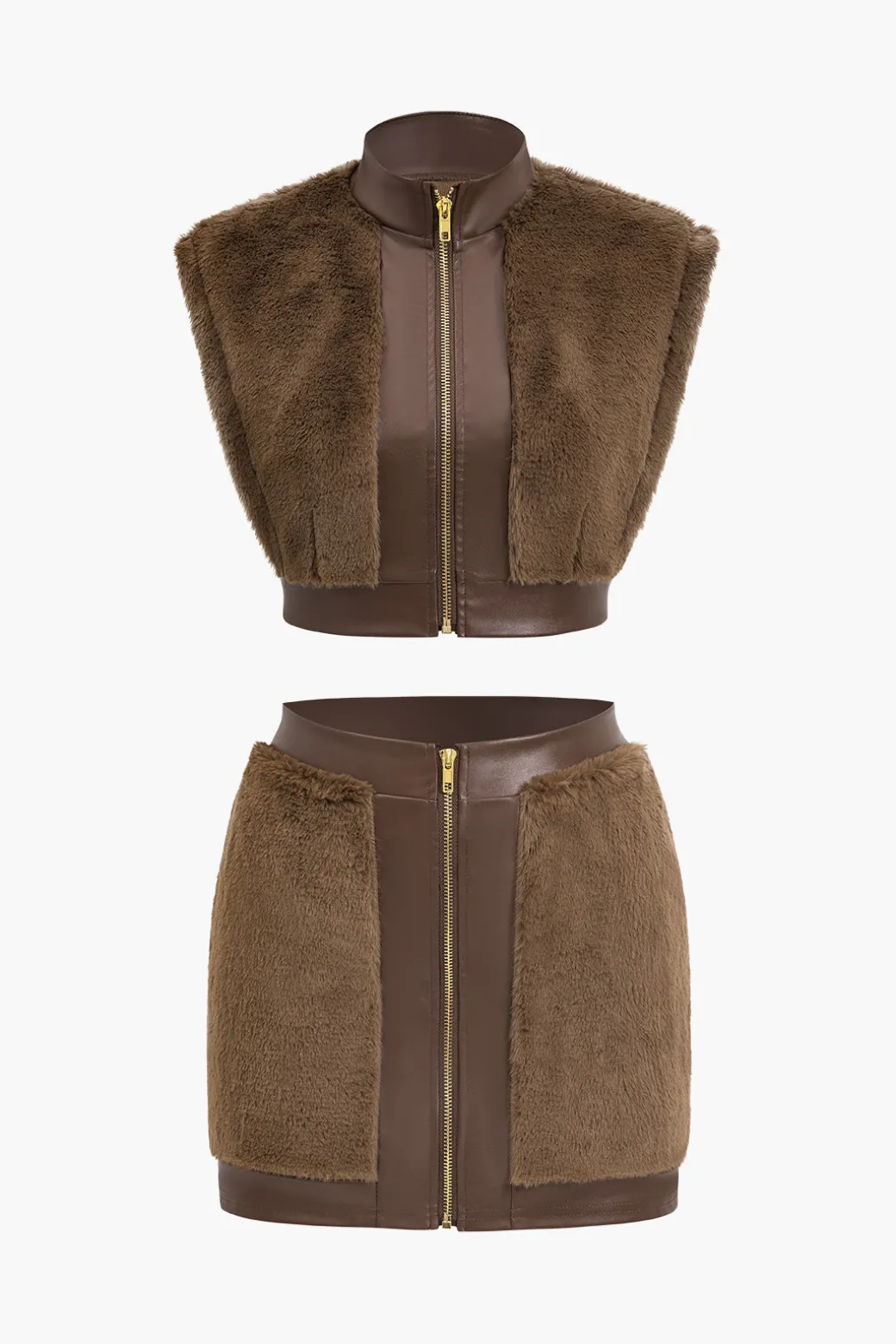 Faux Leather Patchwork Fur Skirt Set