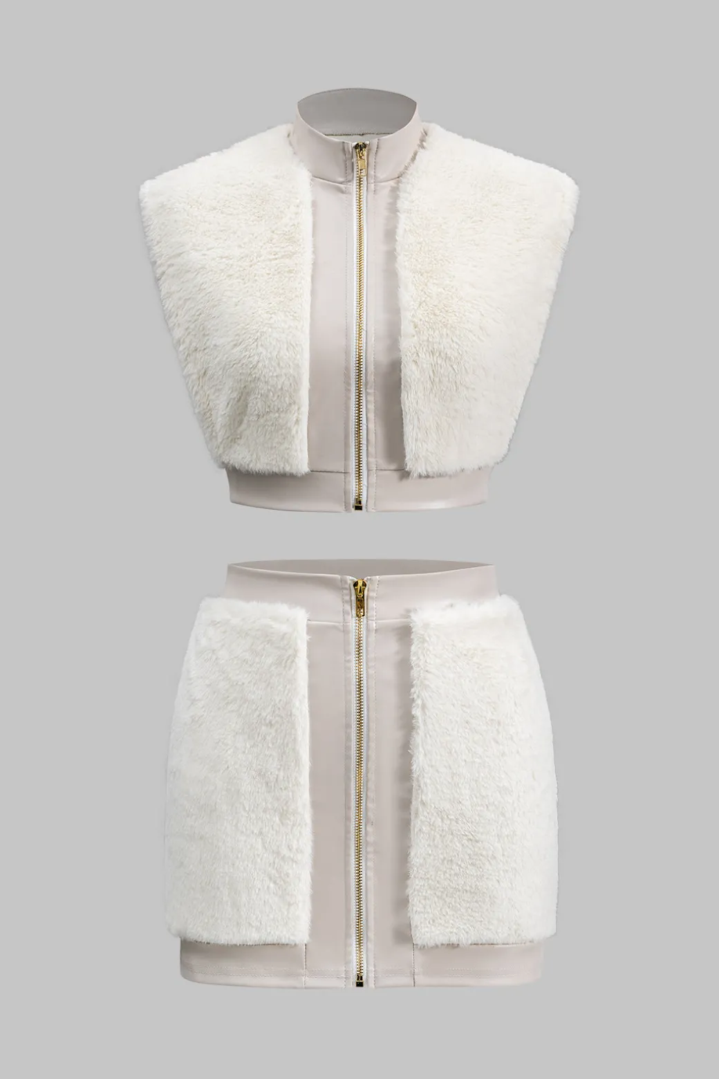 Faux Leather Patchwork Fur Skirt Set