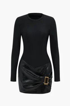 Faux Leather Patchwork Long Sleeve Mini Dress