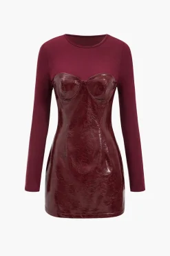 Faux Leather Patchwork Long Sleeve Round Neck Mini Dress
