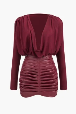 Faux Leather Patchwork Long Sleeve Draped Cowl Neck Mini Dress