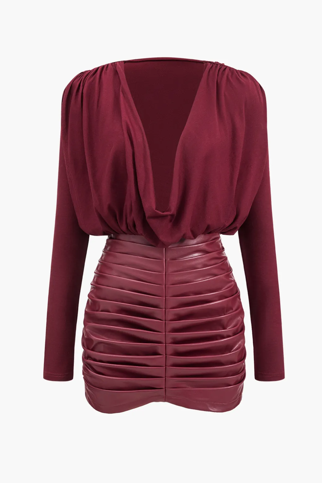 Faux Leather Patchwork Long Sleeve Draped Cowl Neck Mini Dress