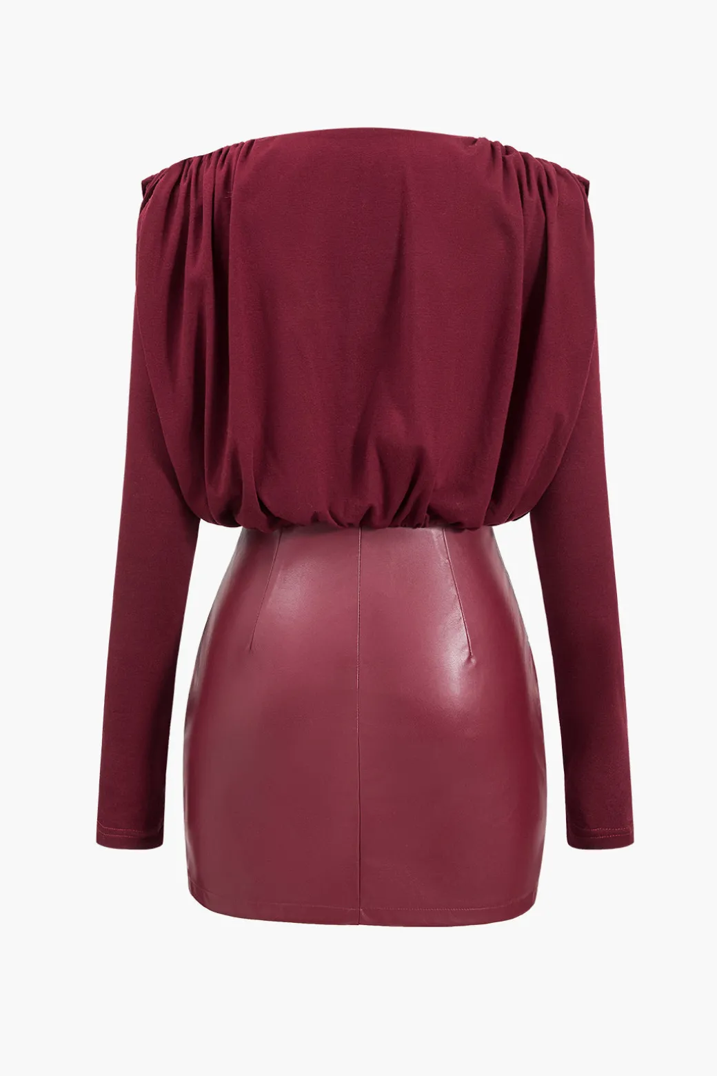 Faux Leather Patchwork Long Sleeve Draped Cowl Neck Mini Dress