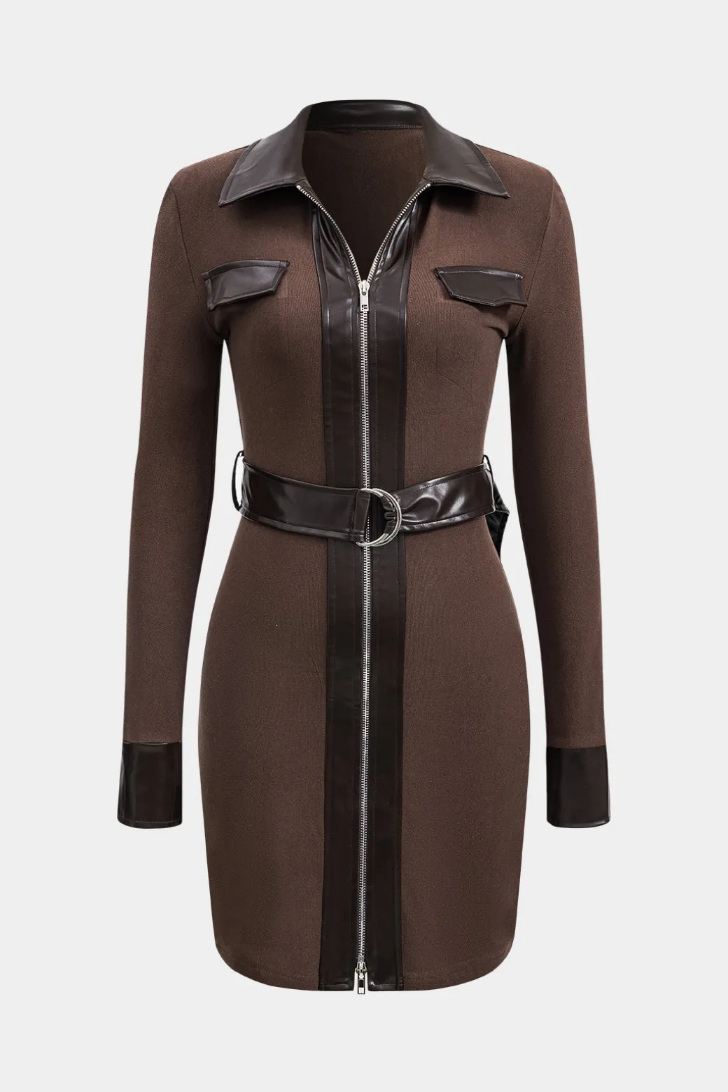 Faux Leather Patchwork Long Sleeve Mini Dress