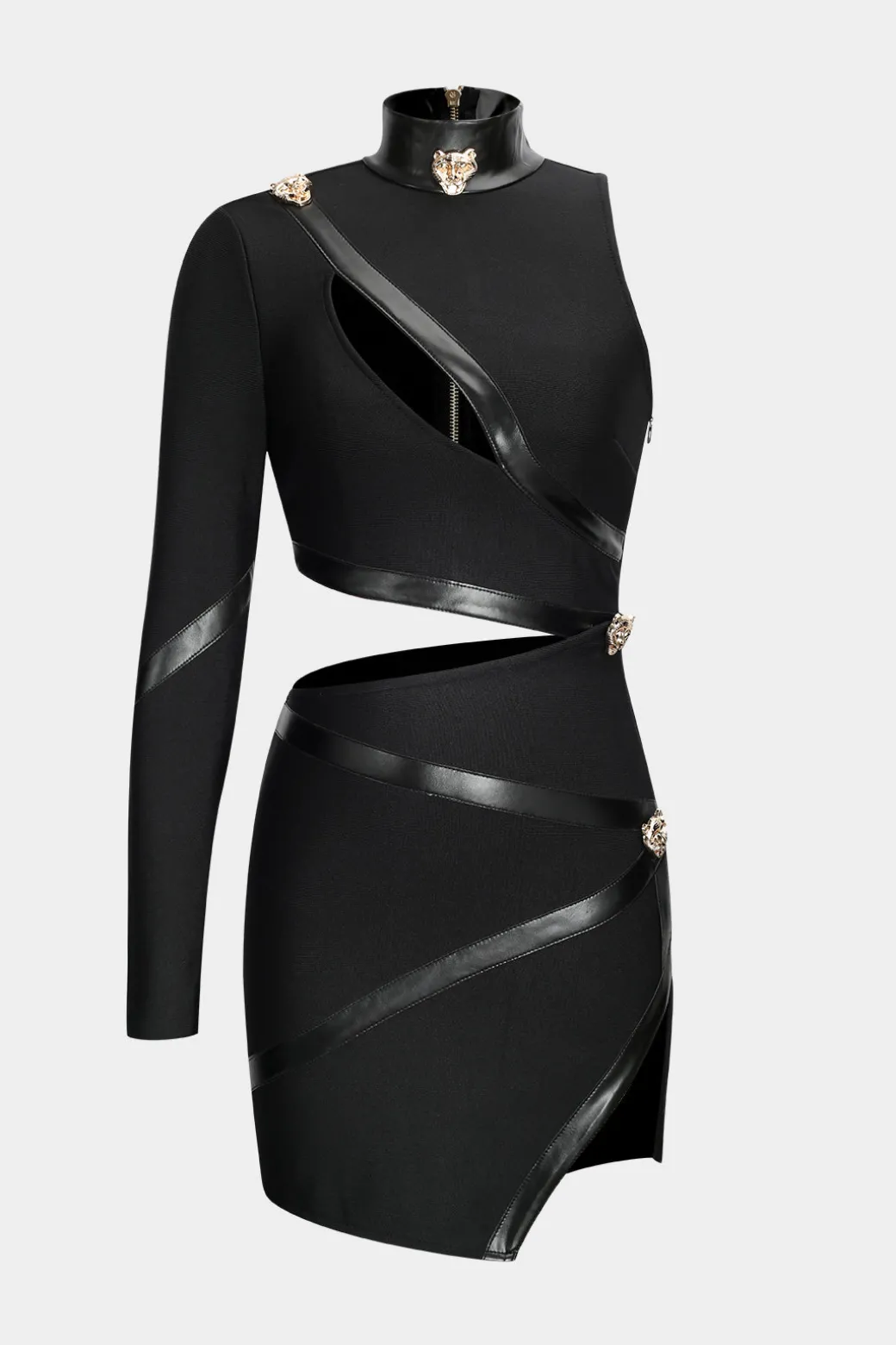Faux Leather Patchwork Long Sleeve One Shoulder Cut Out Mini Dress