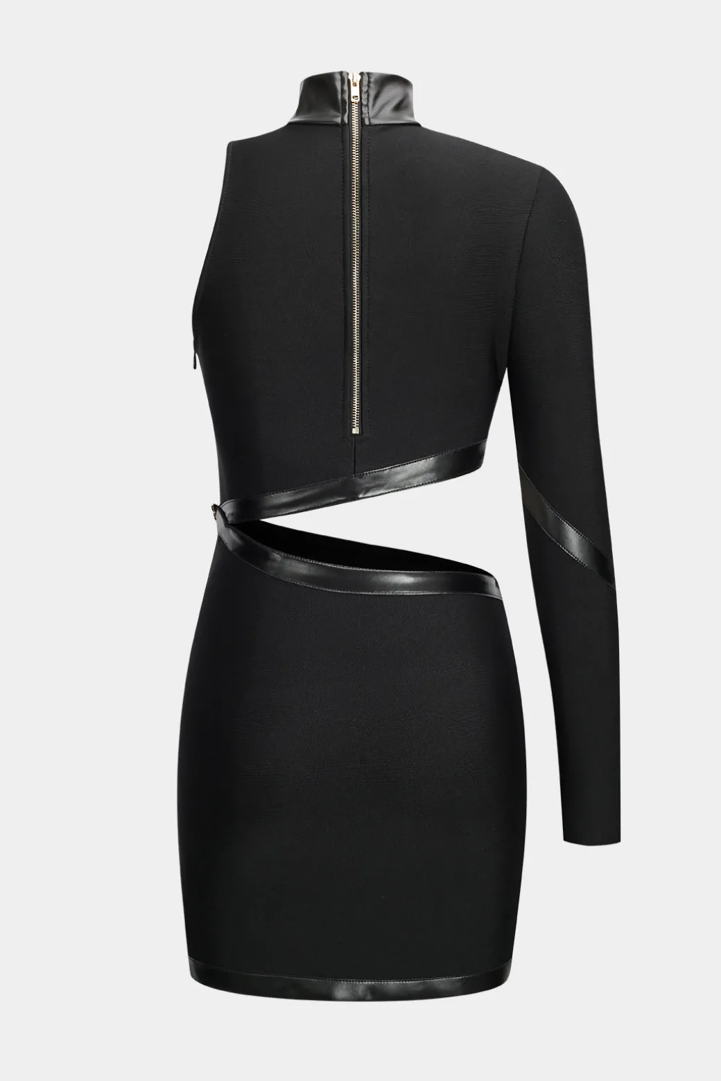 Faux Leather Patchwork Long Sleeve One Shoulder Cut Out Mini Dress