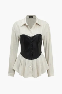 Faux Leather Patchwork Long-Sleeve Shirt