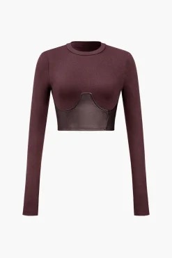Faux Leather Patchwork Long-Sleeve Top