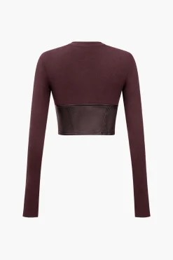 Faux Leather Patchwork Long-Sleeve Top