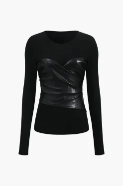 Faux Leather Patchwork Long-Sleeve Top