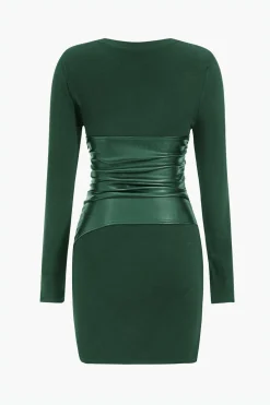 Faux Leather Patchwork Long Sleeve Mini Dress