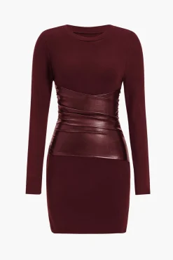 Faux Leather Patchwork Long Sleeve Mini Dress