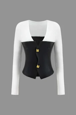 Faux Leather Patchwork Metallic Button Long-Sleeve Top