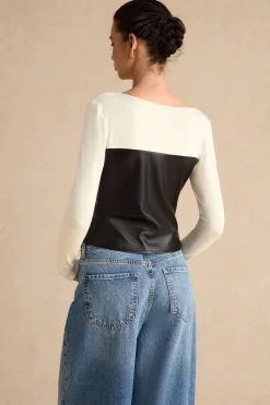 Faux Leather Patchwork Metallic Button Long-Sleeve Top
