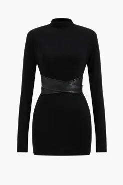 Faux Leather Patchwork Mock Neck Mini Dress