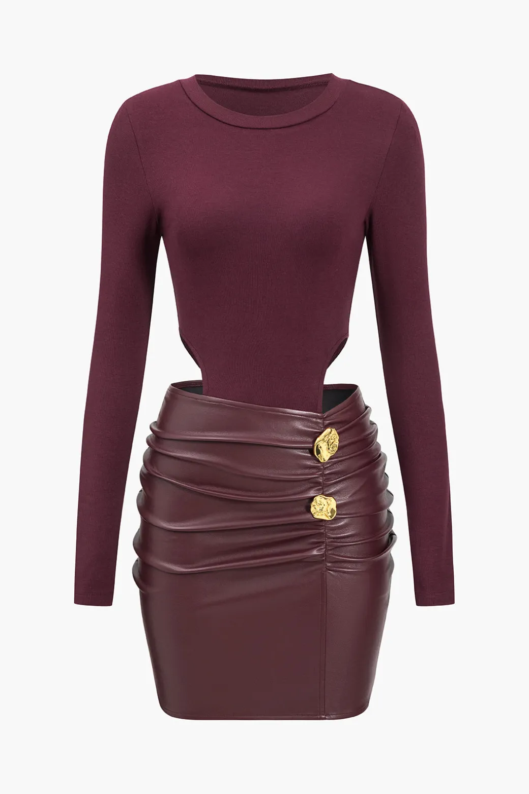 Faux Leather Patchwork Round Neck Ruched Metallic Long Sleeve Mini Dress