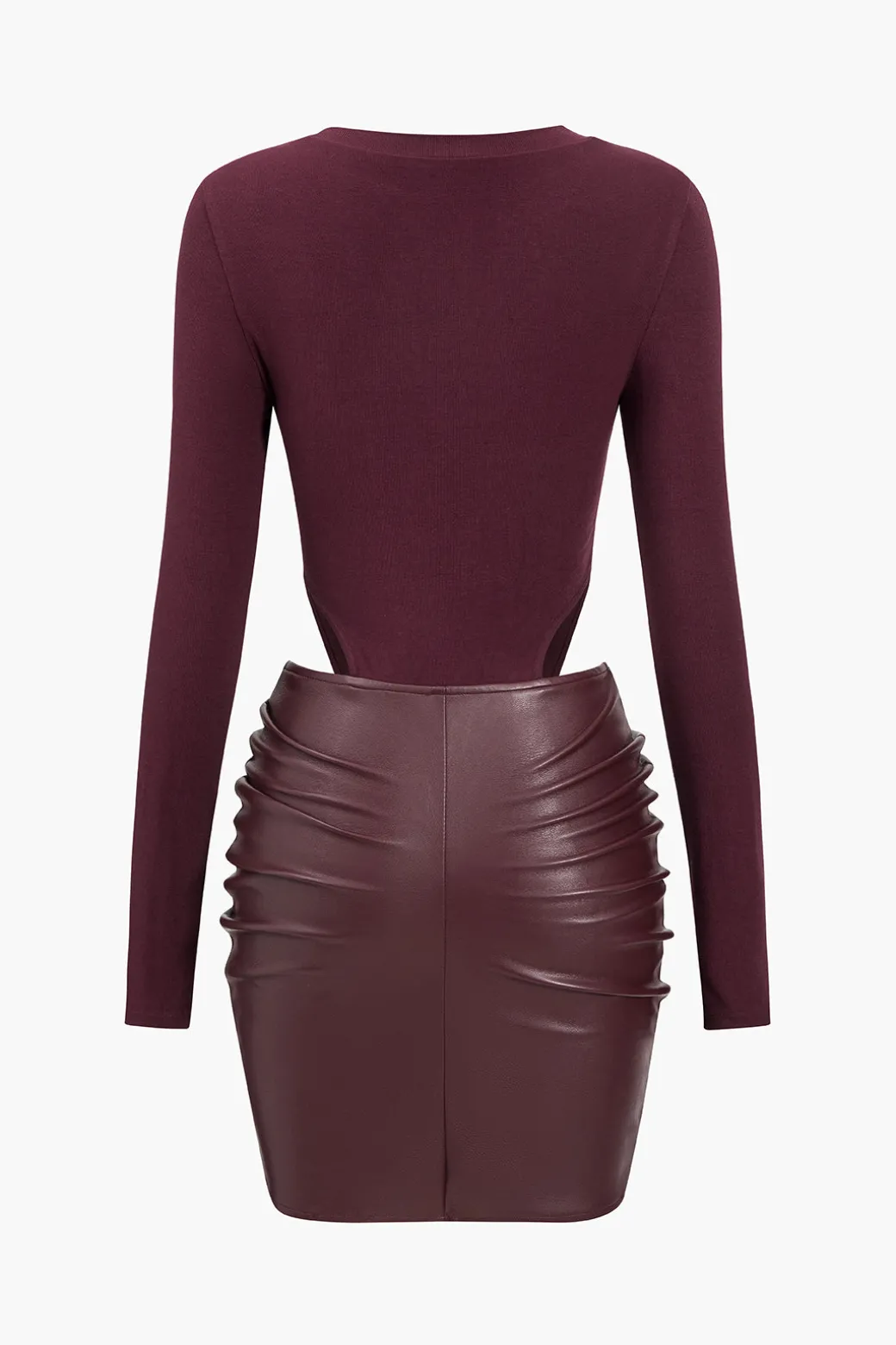Faux Leather Patchwork Round Neck Ruched Metallic Long Sleeve Mini Dress