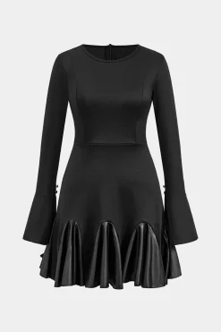 Faux Leather Patchwork Round Neck Long Sleeve Mini Dress