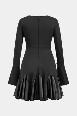 Faux Leather Patchwork Round Neck Long Sleeve Mini Dress