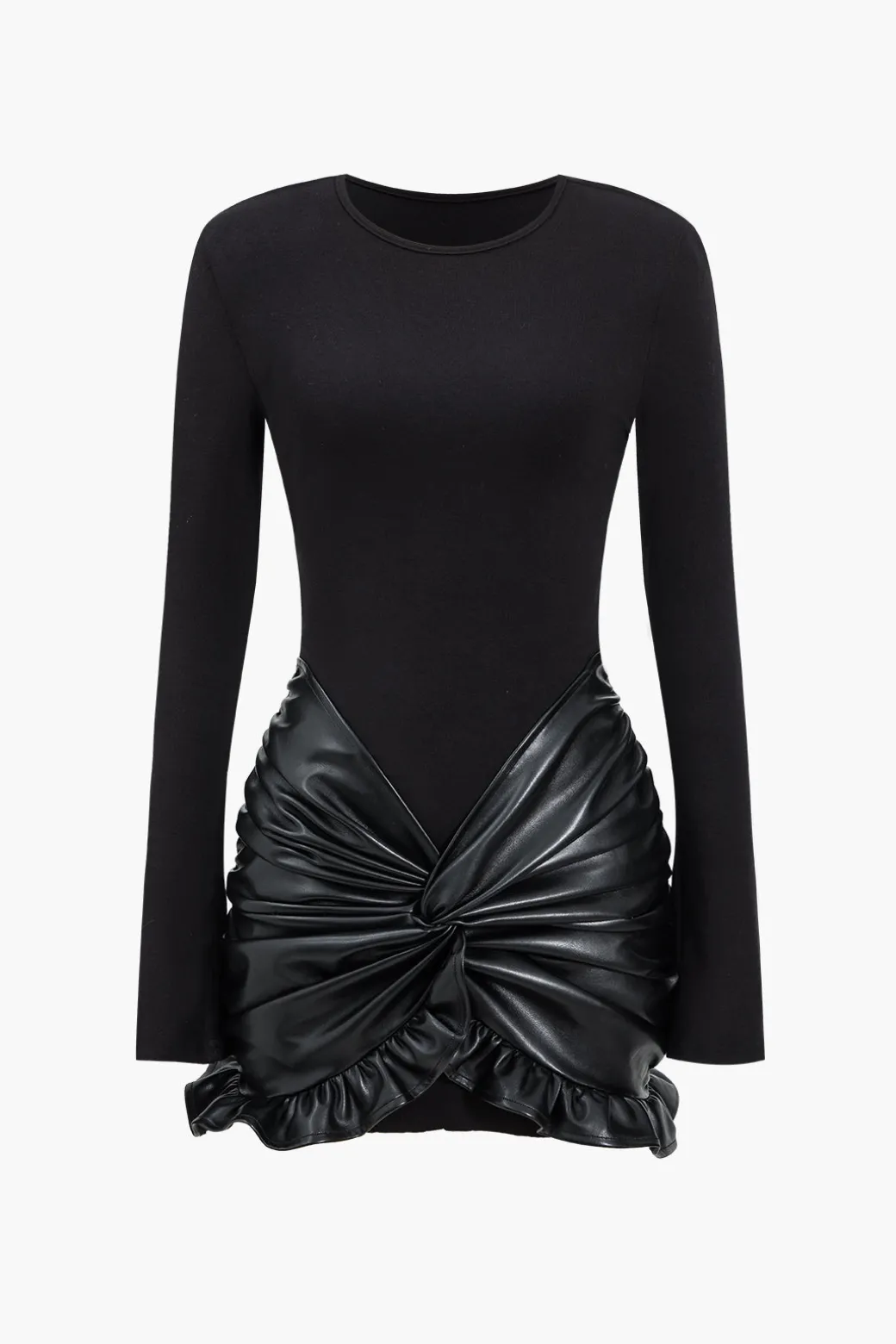 Faux Leather Patchwork Ruffle Ruched Long Sleeve Mini Dress