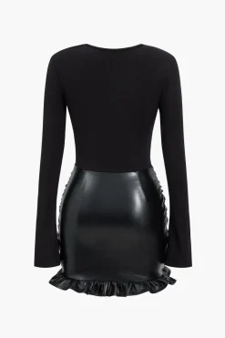 Faux Leather Patchwork Ruffle Ruched Long Sleeve Mini Dress